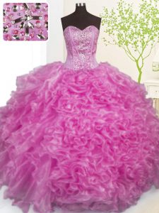 Lilac Lace Up Quinceanera Dresses Beading and Ruffles and Pick Ups Sleeveless Floor Length