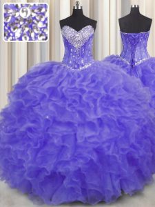 Lavender Sweetheart Lace Up Beading and Ruffles Sweet 16 Quinceanera Dress Sleeveless