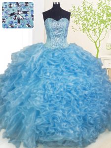 Low Price Baby Blue Ball Gowns Beading and Ruffles and Pick Ups 15th Birthday Dress Lace Up Organza Sleeveless Floor Len