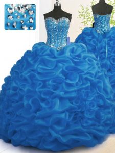 Designer Royal Blue Sleeveless Organza Brush Train Lace Up 15 Quinceanera Dress for Military Ball and Sweet 16 and Quinc