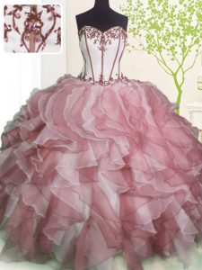 Floor Length Pink And White Quinceanera Dress Organza Sleeveless Ruffles