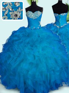 Sleeveless Floor Length Beading and Ruffles Lace Up Ball Gown Prom Dress with Blue