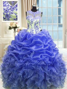 Blue Ball Gowns Organza Scoop Sleeveless Beading and Ruffles Floor Length Zipper Ball Gown Prom Dress