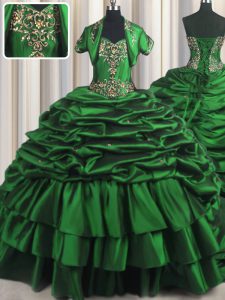 Exquisite Sweetheart Sleeveless Sweet 16 Quinceanera Dress With Brush Train Beading and Appliques and Pick Ups Dark Gree