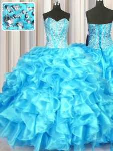 New Arrival Sweetheart Sleeveless Quinceanera Gowns Floor Length Beading and Ruffles Aqua Blue Organza
