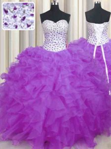 Lilac Ball Gowns Sweetheart Sleeveless Organza Floor Length Lace Up Beading and Ruffles Sweet 16 Quinceanera Dress