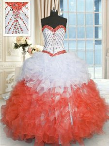 Unique White And Red Ball Gowns Organza Sweetheart Sleeveless Beading and Ruffles Floor Length Lace Up Quinceanera Dress
