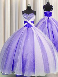 Latest Sequins Spaghetti Straps Lavender Sleeveless Organza Lace Up Sweet 16 Quinceanera Dress for Military Ball and Swe