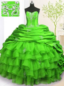 Elegant Pick Ups Ruffled Green Sleeveless Organza and Taffeta Brush Train Lace Up Ball Gown Prom Dress for Military Ball