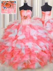 Pink And White Sleeveless Organza Lace Up Sweet 16 Dresses for Military Ball and Sweet 16 and Quinceanera