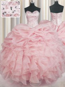 Baby Pink Ball Gowns Organza Sweetheart Sleeveless Beading and Ruffles Floor Length Lace Up Quinceanera Gown