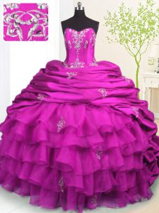 Fuchsia Sleeveless With Train Beading and Appliques and Ruffled Layers and Pick Ups Lace Up 15th Birthday Dress