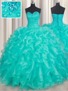 New Arrival Beading and Ruffles Quince Ball Gowns Turquoise Lace Up Sleeveless Floor Length