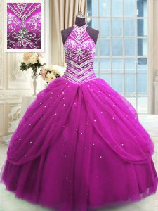 Fuchsia Quinceanera Dresses Military Ball and Sweet 16 and Quinceanera and For with Beading High-neck Sleeveless Lace Up