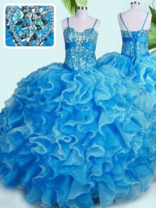 Vintage Baby Blue Ball Gowns Beading and Ruffles 15th Birthday Dress Lace Up Organza Sleeveless Floor Length