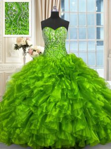 Fabulous Organza Sweetheart Sleeveless Brush Train Lace Up Beading and Ruffles Quince Ball Gowns in