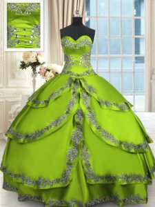 Fancy Taffeta Sweetheart Sleeveless Lace Up Beading and Embroidery and Ruffled Layers Quinceanera Gown in