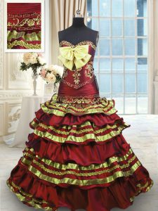 Sexy Wine Red Lace Up Quince Ball Gowns Appliques and Embroidery and Ruffled Layers and Bowknot Sleeveless Sweep Train