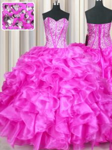 Chic Sweetheart Sleeveless Organza Quince Ball Gowns Beading and Ruffles Lace Up