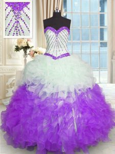 Vintage Sleeveless Organza Floor Length Lace Up Vestidos de Quinceanera in White And Purple with Beading and Ruffles