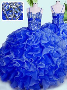 Colorful Sleeveless Floor Length Beading and Ruffles Lace Up Sweet 16 Dress with Blue
