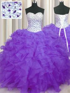 Wonderful Lavender Lace Up Quinceanera Gowns Beading and Ruffles Sleeveless Floor Length