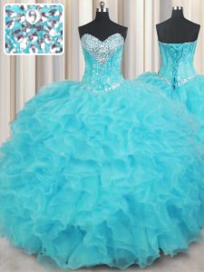 Spectacular Aqua Blue Sleeveless Floor Length Beading and Ruffles Lace Up Quinceanera Dress