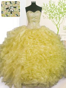 New Style Light Yellow Organza Lace Up Sweetheart Sleeveless Floor Length Quinceanera Dress Beading and Ruffles and Pick