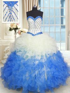 Perfect Blue And White Organza Lace Up Quinceanera Dresses Sleeveless Floor Length Beading and Ruffles