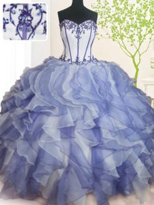 Blue And White Ball Gowns Organza Sweetheart Sleeveless Beading and Ruffles Floor Length Lace Up Ball Gown Prom Dress