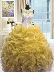 Fashionable Scoop Gold Sleeveless Organza Zipper Ball Gown Prom Dress for Military Ball and Sweet 16 and Quinceanera