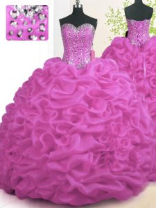 Fuchsia Ball Gowns Sweetheart Sleeveless Organza With Brush Train Lace Up Beading and Ruffles Sweet 16 Dresses