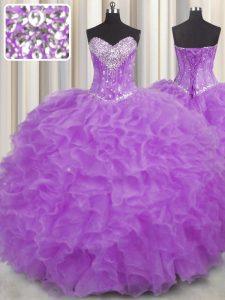 Inexpensive Purple Halter Top Neckline Beading and Ruffles Quinceanera Gown Sleeveless Lace Up