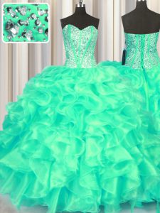 Low Price Turquoise Sweetheart Neckline Beading and Ruffles Sweet 16 Quinceanera Dress Sleeveless Lace Up