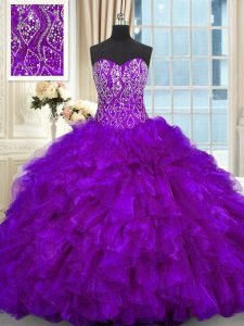 Graceful Purple Sleeveless Organza Brush Train Lace Up Sweet 16 Dresses for Military Ball and Sweet 16 and Quinceanera