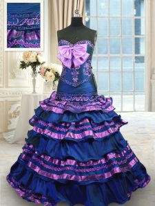 Navy Blue A-line Taffeta Sweetheart Sleeveless Appliques and Ruffled Layers and Bowknot Lace Up Vestidos de Quinceanera 