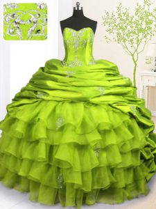 Chic Strapless Sleeveless Ball Gown Prom Dress With Brush Train Beading and Appliques and Ruffled Layers and Pick Ups Ol
