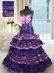 Dark Purple Sleeveless With Train Appliques and Ruffled Layers and Bowknot Lace Up Quinceanera Gowns