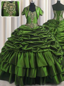 Pick Ups With Train Ball Gowns Sleeveless Green Quinceanera Dresses Brush Train Lace Up