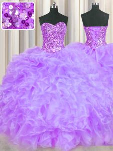 Sweet Lavender Ball Gowns Beading and Ruffles Quinceanera Dresses Lace Up Organza Sleeveless Floor Length