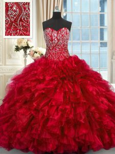 Red Ball Gowns Organza Sweetheart Sleeveless Beading and Ruffles Lace Up Quinceanera Gown Brush Train