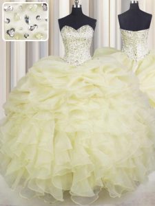 Affordable Light Yellow Ball Gowns Beading and Ruffles Vestidos de Quinceanera Lace Up Organza Sleeveless Floor Length