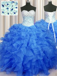 Sleeveless Floor Length Beading and Ruffles Lace Up Ball Gown Prom Dress with Blue