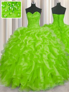 Spectacular Sleeveless Floor Length Beading and Ruffles Lace Up Sweet 16 Quinceanera Dress with Yellow Green