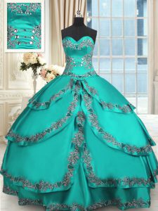 High Class Turquoise Ball Gowns Sweetheart Sleeveless Taffeta Floor Length Lace Up Beading and Embroidery and Ruffled La