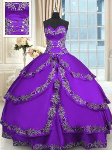 Purple Ball Gowns Beading and Appliques and Ruffled Layers 15th Birthday Dress Lace Up Taffeta Sleeveless Floor Length
