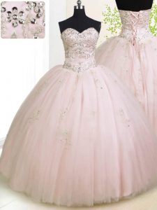 Baby Pink Sleeveless Floor Length Beading and Appliques Lace Up Ball Gown Prom Dress