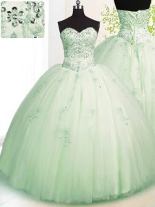 Sleeveless Tulle Floor Length Lace Up Quinceanera Gown in Apple Green with Beading and Appliques