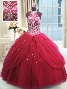 Gorgeous High-neck Sleeveless Quinceanera Dresses Floor Length Beading Red Tulle