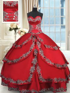 Traditional Taffeta Sweetheart Sleeveless Lace Up Beading and Embroidery and Ruffled Layers Ball Gown Prom Dress in Wine
